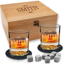 Load image into Gallery viewer, Red Alder Whiskey Bachelor Set with Two 9 oz. Glasses, Two 4" Slate Coasters and Eight Granite Whiskey Stones