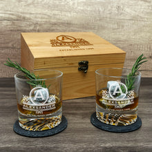 Load image into Gallery viewer, Red Alder Whiskey Bachelor Set with Two 9 oz. Glasses, Two 4" Slate Coasters and Eight Granite Whiskey Stones