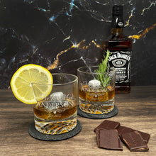 Load image into Gallery viewer, Red Alder Whiskey Bachelor Set with Two 9 oz. Glasses, Two 4" Slate Coasters and Eight Granite Whiskey Stones