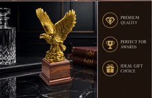 Load image into Gallery viewer, Antique Gold Eagle Trophy on Cherry Wood Base, Personalized Eagle Award, Corporate Recognition Trophy, Custom Engraved Name Plate, Patriotic Eagle Statue, Made in the USA.