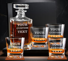 Load image into Gallery viewer, Custom 750ml Square Glass Decanter Set with Four Glasses and Gift Box