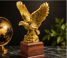 Load image into Gallery viewer, Antique Gold Eagle Trophy on Cherry Wood Base, Personalized Eagle Award, Corporate Recognition Trophy, Custom Engraved Name Plate, Patriotic Eagle Statue, Made in the USA.