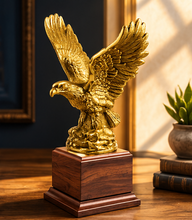 Load image into Gallery viewer, Antique Gold Eagle Trophy on Cherry Wood Base, Personalized Eagle Award, Corporate Recognition Trophy, Custom Engraved Name Plate, Patriotic Eagle Statue, Made in the USA.