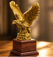 Load image into Gallery viewer, Antique Gold Eagle Trophy on Cherry Wood Base, Personalized Eagle Award, Corporate Recognition Trophy, Custom Engraved Name Plate, Patriotic Eagle Statue, Made in the USA.