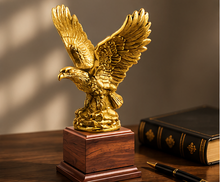Load image into Gallery viewer, Antique Gold Eagle Trophy on Cherry Wood Base, Personalized Eagle Award, Corporate Recognition Trophy, Custom Engraved Name Plate, Patriotic Eagle Statue, Made in the USA.