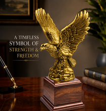 Load image into Gallery viewer, Antique Gold Eagle Trophy on Cherry Wood Base, Personalized Eagle Award, Corporate Recognition Trophy, Custom Engraved Name Plate, Patriotic Eagle Statue, Made in the USA.