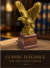 Load image into Gallery viewer, Antique Gold Eagle Trophy on Cherry Wood Base, Personalized Eagle Award, Corporate Recognition Trophy, Custom Engraved Name Plate, Patriotic Eagle Statue, Made in the USA.