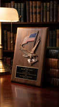 Load image into Gallery viewer, Solid American Walnut Plaque with Finely Detailed Eagle with American Flag Relief and Black Laser Brass Plate, Personalized Engraving Gifts shipped from USA.