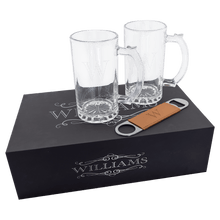 Load image into Gallery viewer, Beer Set with Two 14 oz. Mugs and One Rawhide Laserable Leatherette Bottle Opener-Black, Box Lasers to Silverer