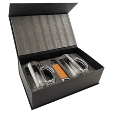 Load image into Gallery viewer, Beer Set with Two 14 oz. Mugs and One Rawhide Laserable Leatherette Bottle Opener-Black, Box Lasers to Silverer