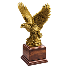 Load image into Gallery viewer, Antique Gold Eagle Trophy on Cherry Wood Base, Personalized Eagle Award, Corporate Recognition Trophy, Custom Engraved Name Plate, Patriotic Eagle Statue, Made in the USA.