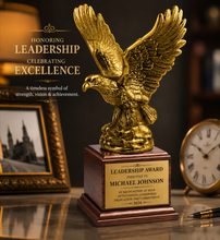 Load image into Gallery viewer, Antique Gold Eagle Trophy on Cherry Wood Base, Personalized Eagle Award, Corporate Recognition Trophy, Custom Engraved Name Plate, Patriotic Eagle Statue, Made in the USA.
