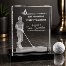 Load image into Gallery viewer, Crystal 3D Golf Award mounted on a Black Base, Personalized Engraving Gifts shipped from USA.