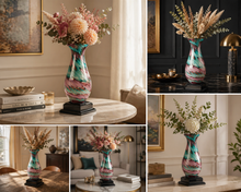 Load image into Gallery viewer, 14 1/2" Swirl Art Glass Vase with Black Royal Piano Finish Pedestal Base, Personalized Engraving Gifts shipped from USA.