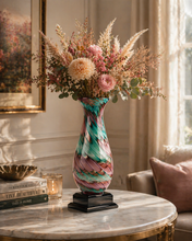 Load image into Gallery viewer, 14 1/2" Swirl Art Glass Vase with Black Royal Piano Finish Pedestal Base, Personalized Engraving Gifts shipped from USA.
