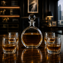 Load image into Gallery viewer, 750ml Flat Round Glass Decanter Set with Four 10 oz. Rocks Glasses. Personalized Engraving Gifts shipped from USA.