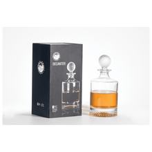 Load image into Gallery viewer, Custom 850ml Round Golf Glass Decanter Set with Four 9 oz. Golf Rocks Glasses in a Black Gift Box