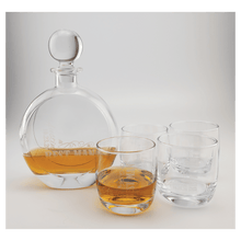 Load image into Gallery viewer, 750ml Flat Round Glass Decanter Set with Four 10 oz. Rocks Glasses. Personalized Engraving Gifts shipped from USA.