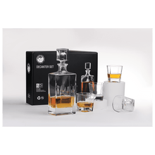 Load image into Gallery viewer, Custom 810ml Rectangle Glass Decanter Set with Four 8 oz. Glasses in a Black Gift Box