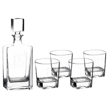 Load image into Gallery viewer, Custom 810ml Rectangle Glass Decanter Set with Four 8 oz. Glasses in a Black Gift Box