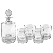 Load image into Gallery viewer, Custom 850ml Round Golf Glass Decanter Set with Four 9 oz. Golf Rocks Glasses in a Black Gift Box