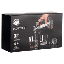 Load image into Gallery viewer, Custom 850ml Round Golf Glass Decanter Set with Four 9 oz. Golf Rocks Glasses in a Black Gift Box