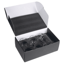 Load image into Gallery viewer, Custom 850ml Round Golf Glass Decanter Set with Four 9 oz. Golf Rocks Glasses in a Black Gift Box