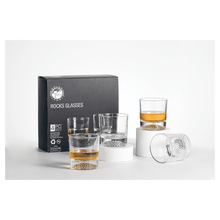 Load image into Gallery viewer, Custom 850ml Round Golf Glass Decanter Set with Four 9 oz. Golf Rocks Glasses in a Black Gift Box