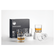 Load image into Gallery viewer, Custom 850ml Round Golf Glass Decanter Set with Four 9 oz. Golf Rocks Glasses in a Black Gift Box