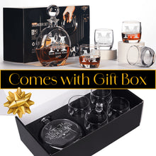 Load image into Gallery viewer, 750ml Flat Round Glass Decanter Set with Four 10 oz. Rocks Glasses. Personalized Engraving Gifts shipped from USA.