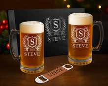 Load image into Gallery viewer, Beer Set with Two 14 oz. Mugs and One Rawhide Laserable Leatherette Bottle Opener-Black, Box Lasers to Silverer
