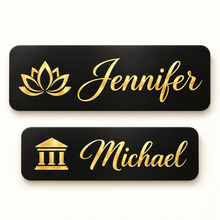 Load image into Gallery viewer, Personalized Magnetic Name Badge, Black Brass with Gold Engraving, Custom Name Tag with Logo, Two Sizes
