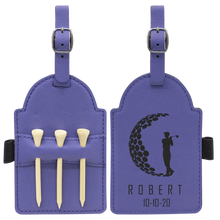 Load image into Gallery viewer, 5" x 3 1/4" Laserable Leatherette Golf Bag Tag with 3 Wooden Tees