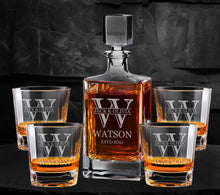 Load image into Gallery viewer, Custom 810ml Rectangle Glass Decanter Set with Four 8 oz. Glasses in a Black Gift Box