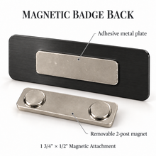 Load image into Gallery viewer, Personalized Magnetic Name Badge, Black Brass with Gold Engraving, Custom Name Tag with Logo, Two Sizes
