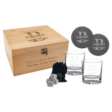 Load image into Gallery viewer, Red Alder Whiskey Bachelor Set with Two 9 oz. Glasses, Two 4" Slate Coasters and Eight Granite Whiskey Stones
