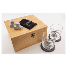 Load image into Gallery viewer, Red Alder Whiskey Bachelor Set with Two 9 oz. Glasses, Two 4" Slate Coasters and Eight Granite Whiskey Stones