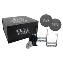 Load image into Gallery viewer, Whiskey Bachelor Set with Two Glasses, Two 4" Slate Coasters, and Eight Granite Whiskey Stones-Black Lazerburst Lasers to Silver