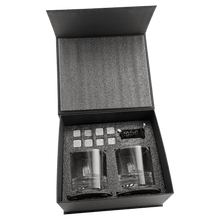 Load image into Gallery viewer, Whiskey Set with Two Glasses, Two 4" Slate Coasters, and Eight Granite Whiskey Stones-Black Lazerburst Lasers to Silver
