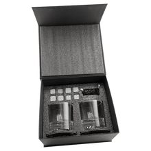 Load image into Gallery viewer, Whiskey Bachelor Set with Two Glasses, Two 4" Slate Coasters, and Eight Granite Whiskey Stones-Black Lazerburst Lasers to Silver