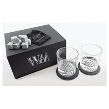 Load image into Gallery viewer, Whiskey Set with Two Glasses, Two 4" Slate Coasters, and Eight Granite Whiskey Stones-Black Lazerburst Lasers to Silver