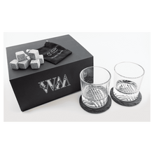 Load image into Gallery viewer, Whiskey Bachelor Set with Two Glasses, Two 4" Slate Coasters, and Eight Granite Whiskey Stones-Black Lazerburst Lasers to Silver