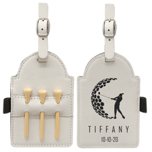 Load image into Gallery viewer, 5" x 3 1/4" Laserable Leatherette Golf Bag Tag with 3 Wooden Tees