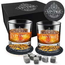 Load image into Gallery viewer, Whiskey Set with Two Glasses, Two 4" Slate Coasters, and Eight Granite Whiskey Stones-Black Lazerburst Lasers to Silver