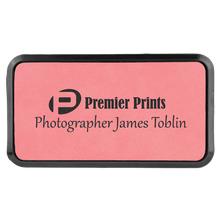 Load image into Gallery viewer, 3&quot; x 1 1/2&quot; Laserable Leatherette Round Corner Badge &amp; Frame
