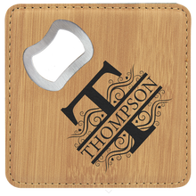 Load image into Gallery viewer, Custom 4" x 4" Square Laser Leatherette Bottle Opener Coaster, Personalized Engraving Gifts shipped from USA.