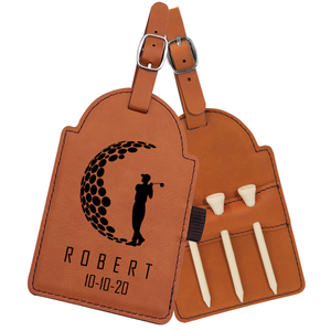 5" x 3 1/4" Laserable Leatherette Golf Bag Tag with 3 Wooden Tees