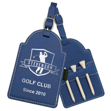 Load image into Gallery viewer, 5&quot; x 3 1/4&quot; Laserable Leatherette Golf Bag Tag with 3 Wooden Tees
