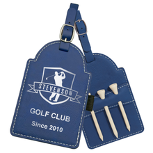 Load image into Gallery viewer, 5" x 3 1/4" Laserable Leatherette Golf Bag Tag with 3 Wooden Tees