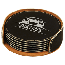 Load image into Gallery viewer, Custom 4" Round Laserable Leatherette 6-Coaster Set, Personalized Engraving Gifts shipped from USA.